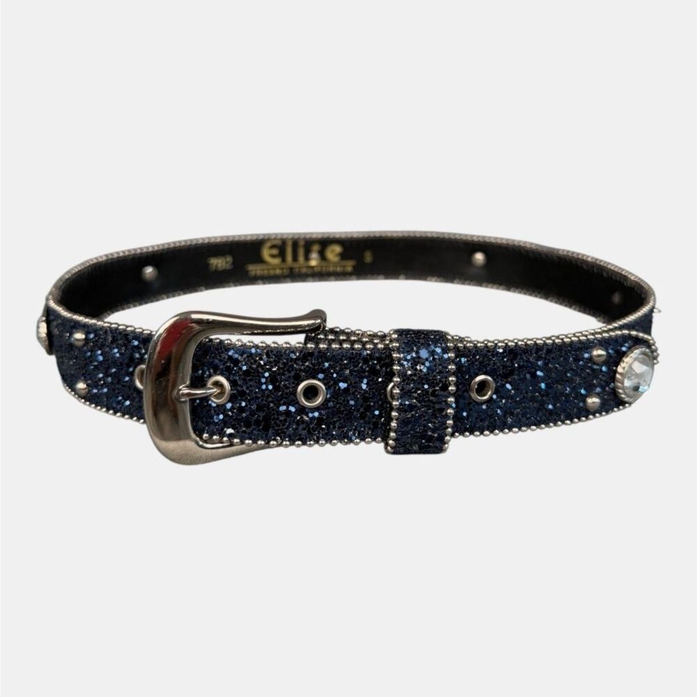 Elite Fresno CA Navy Glitter Leather Western Rhinestone Concho Belt BNWT Sz S